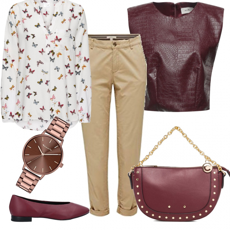 Outfit donna - Butterfly look. Stile Casual per Tutti i giorni. Abbinamento con bluse, top, ballerine, borse a tracolla, pantaloni chino, orologi.