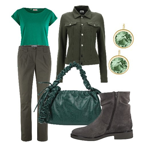 Outfit donna - Basic in verde. Stile Basic per Tutti i giorni. Abbinamento con pantaloni chino, maglieria, borse a mano, orecchini, giacche, stivaletti.