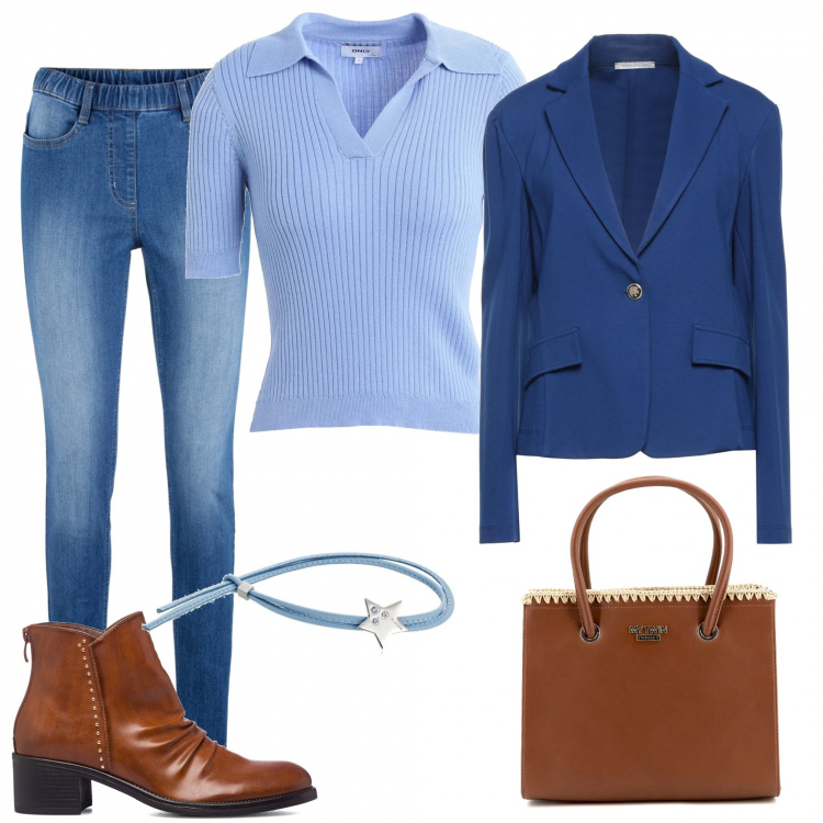 Outfit donna - Total look #1297454. Stile Urban per Ufficio. Abbinamento con jeggings, blazer, pullovers, borse a mano, stivaletti, braccialetti.