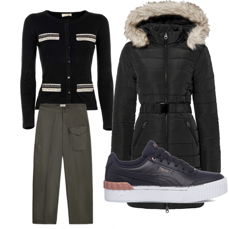 Outfit donna - Total look #1297457. Stile Sporty chic per Scuola/Università. Abbinamento con giacche, cardigans, pantaloni cargo, sneakers.