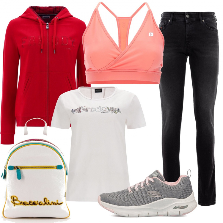 Outfit donna - Athleisure. Lo sporty diventa elegante. Stile Sporty chic per Tutti i giorni. Abbinamento con zaini, jeans, felpe con cappuccio, t-shirt, reggiseni, sneakers.