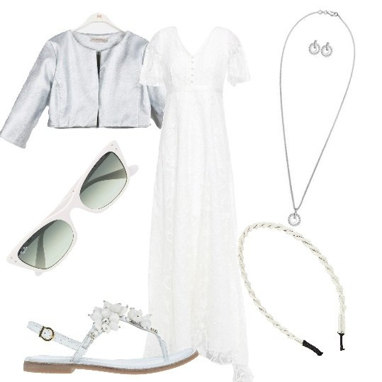 Outfit donna - Il mio matrimonio al mare. Stile Romantica per Cerimonia. Abbinamento con infradito, vestiti lunghi, cerchietti, blazer, occhiali da sole, ciondoli.