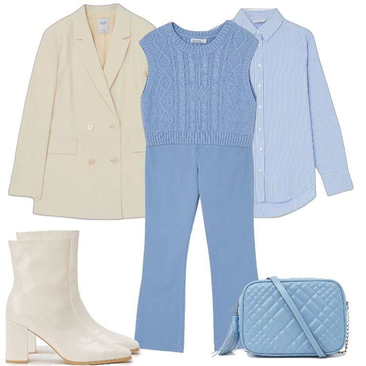 Outfit donna - Total look #1297686. Stile Casual chic per Tutti i giorni. Abbinamento con gilet, pantaloni, camicie, stivaletti, borse a tracolla, giacche.
