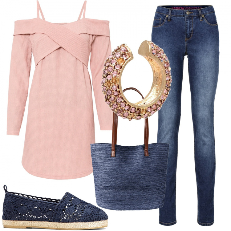 Outfit donna - Scuri!. Stile Basic per Tutti i giorni. Abbinamento con jeans skinny, maglieria, shopping bag, espadrillas, orecchini.