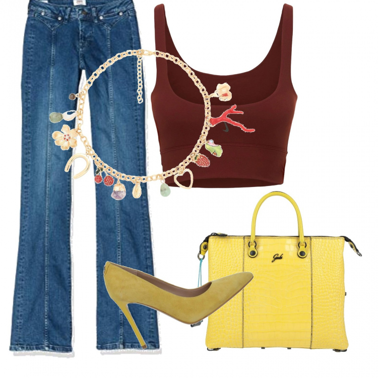 Outfit donna - Total look #1297899. Stile Casual chic per Tutti i giorni. Abbinamento con décolleté, borse a mano, collane, jeans a zampa, top.