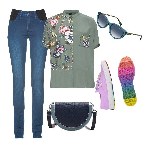 Outfit donna - Pace. Stile Casual per Tutti i giorni. Abbinamento con jeans skinny, camicie, sneakers, occhiali da sole, borse a cartella.