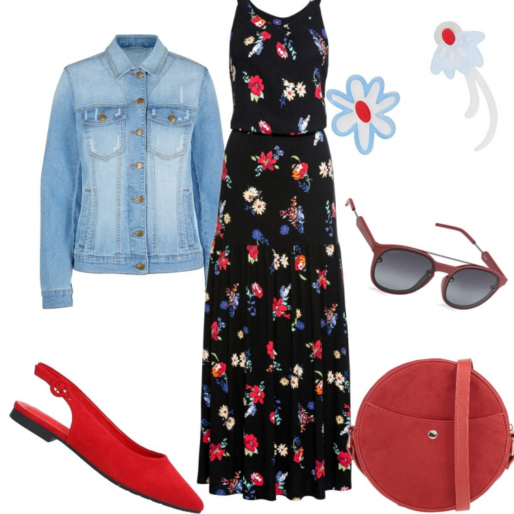Outfit donna - Rosso primaverile. Stile Casual chic per Tutti i giorni. Abbinamento con blazer, vestiti lunghi, ballerine, borse a tracolla, orecchini, occhiali da sole.