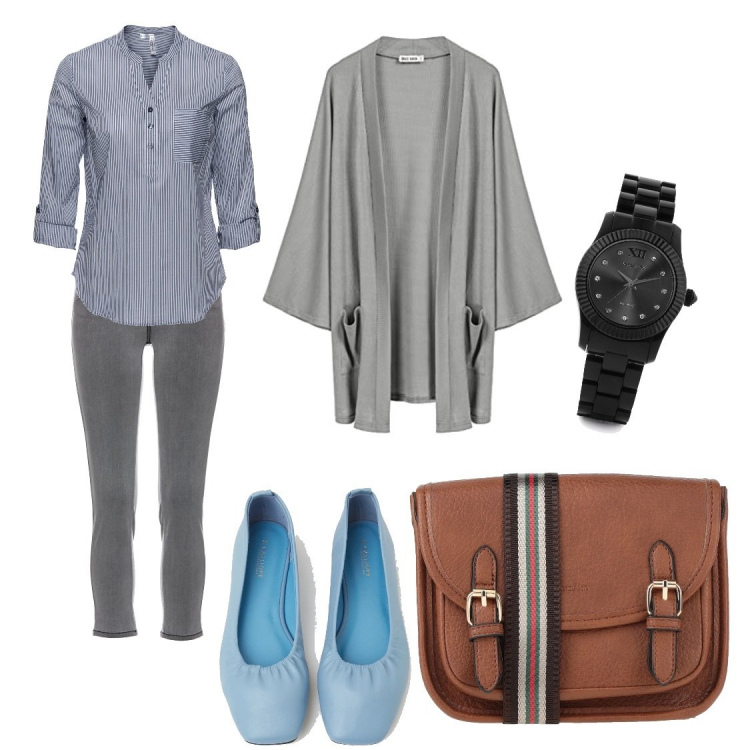 Outfit donna - Tempo Libero. Stile Casual chic per Tutti i giorni. Abbinamento con tuniche, jeans, borse a tracolla, ballerine, orologi, cardigans.
