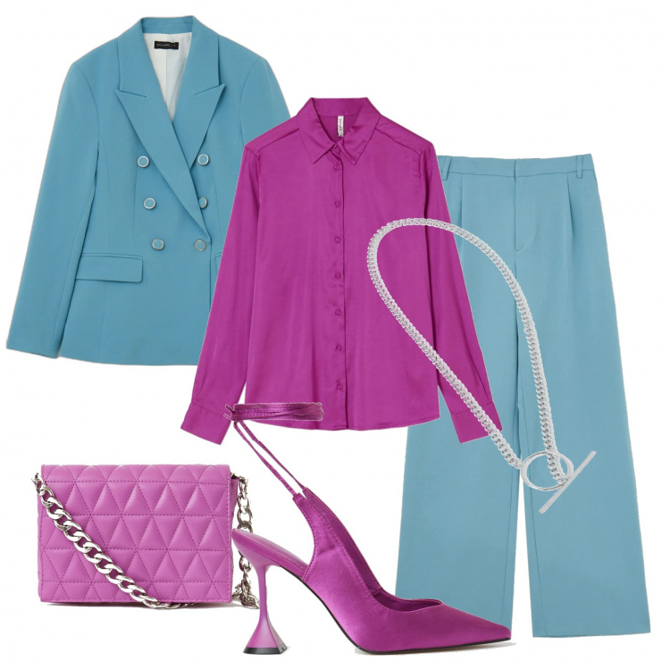 Outfit donna - Mannish #462. Stile Mannish per Cerimonia. Abbinamento con pantaloni, blazer, décolleté, camicie, collane, borse a spalla.
