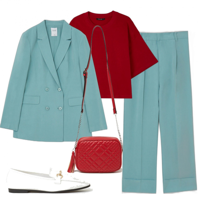 Outfit donna - Color block. Stile Trendy per Ufficio. Abbinamento con pantaloni, camicie a manica corta, giacche, mocassini, borse a tracolla.