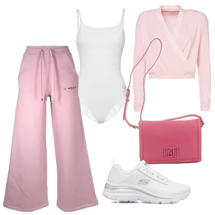 Outfit donna - Rosa baby. Stile Sporty chic per Tutti i giorni. Abbinamento con pantaloni, top, body, borse a tracolla, sneakers.