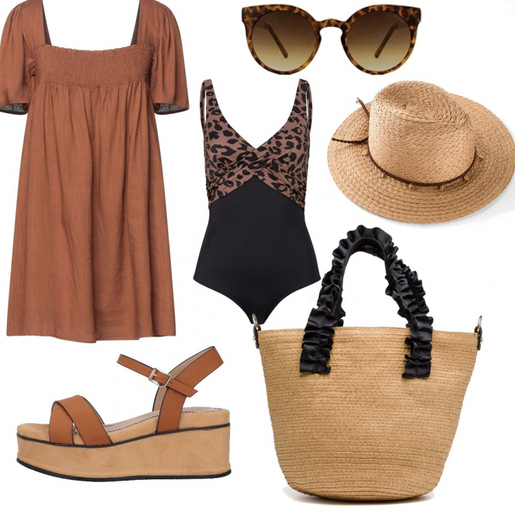 Outfit donna - Andiamo al mare. Stile Boho per Mare. Abbinamento con costumi interi, cappelli, vestiti corti, sandali in pelle, borse a mano, occhiali da sole.