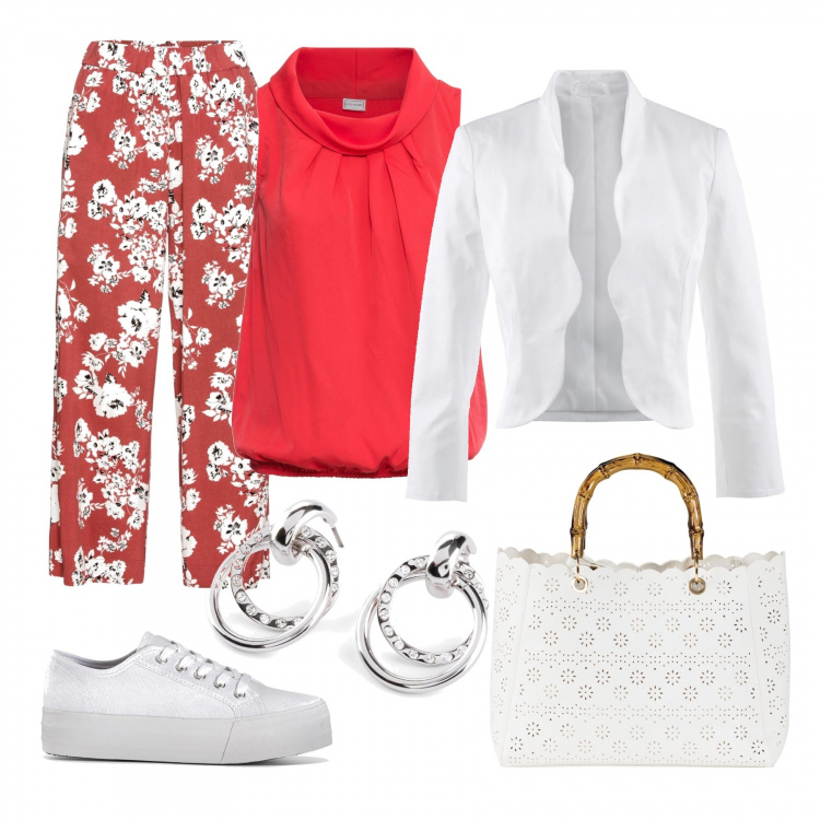 Outfit donna - #bonprix outfit. Stile Trendy per Tutti i giorni. Abbinamento con blazer, sneakers, top, pantaloni, borse a mano, orecchini.