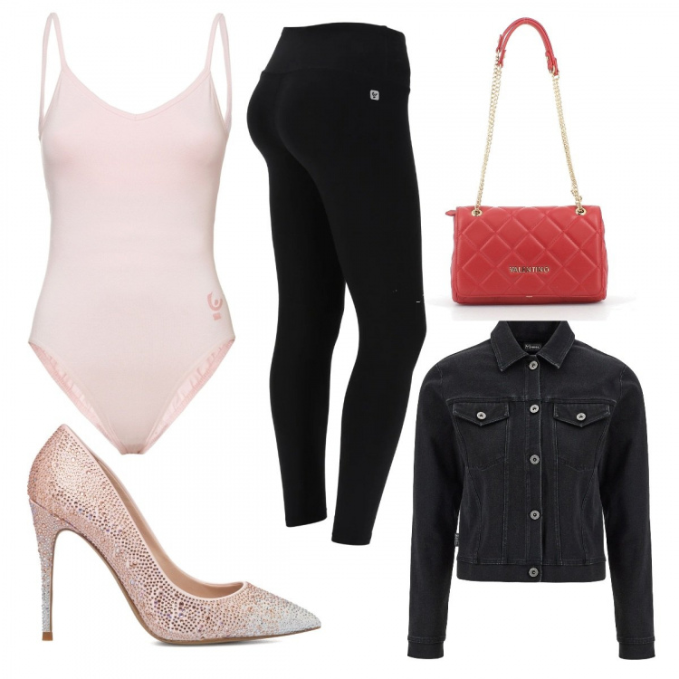 Outfit donna - Portami a ballare. Stile Trendy per Serata fuori. Abbinamento con body, leggings, giacche, borse a tracolla, décolleté.