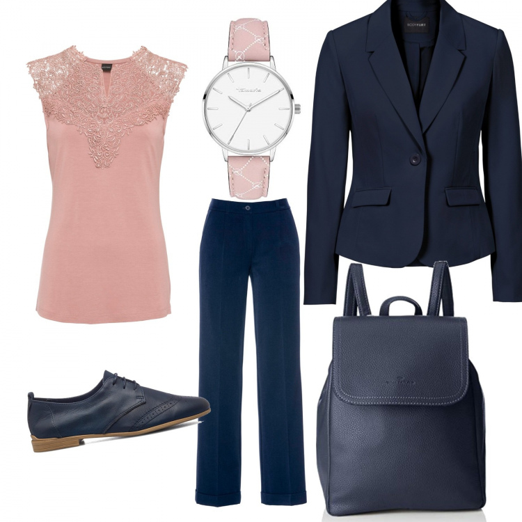 Outfit donna - Stringate blu. Stile Bon Ton per Ufficio. Abbinamento con pantaloni, blazer, top, scarpe stringate, zaini, orologi.