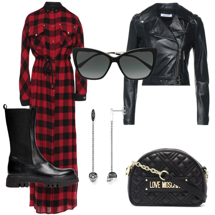 Outfit donna - Vestito lungo. Stile Rock per Tutti i giorni. Abbinamento con anfibi, giacche, vestiti lunghi, borse a tracolla, occhiali da sole, orecchini.