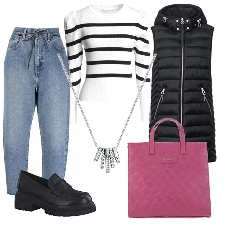Outfit donna - Aria più leggera. Stile Urban per Tutti i giorni. Abbinamento con borse a mano, pullovers, collane, jeans, gilet, mocassini.