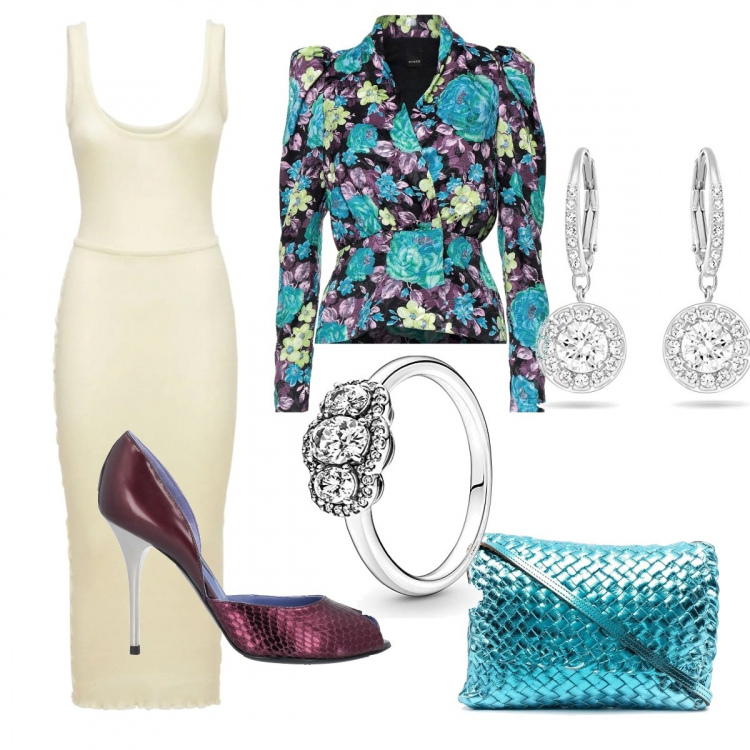 Outfit donna - Cerimonia primaverile. Stile Chic per Cerimonia. Abbinamento con décolleté, blazer, borse a tracolla, vestiti, orecchini, anelli.