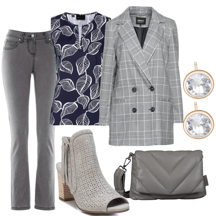 Outfit donna - Diplomatica in jeans grigi. Stile Bon Ton per Ufficio. Abbinamento con jeans slim fit, top, blazer, orecchini, stivaletti, borse a spalla.