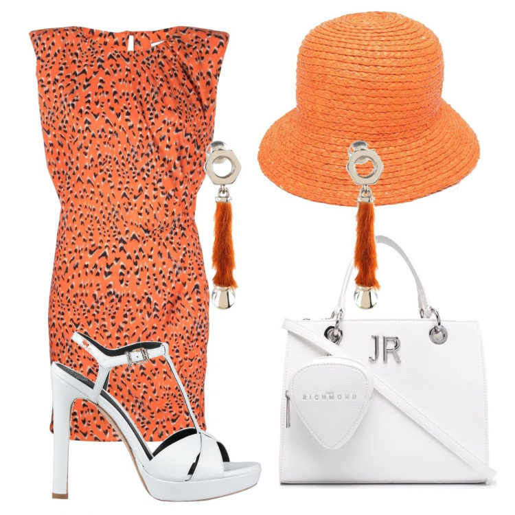 Outfit donna - Aperitivo estivo. Stile Casual chic per Tutti i giorni. Abbinamento con sandali in pelle, orecchini, vestiti corti, borse tote, borse a secchiello.