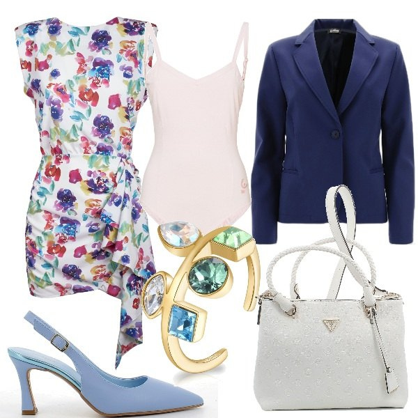Outfit donna - Profumo di primavera. Stile Basic per Tutti i giorni. Abbinamento con vestiti, anelli, body, blazer, sandali in pelle, borse a tracolla.
