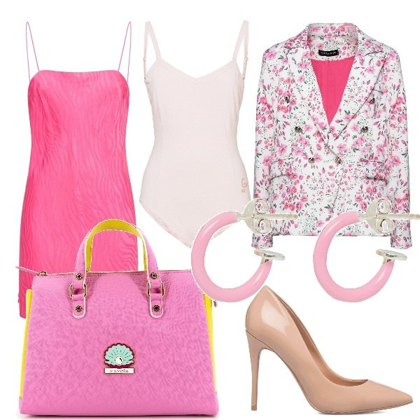 Outfit donna - La primavera ai piedi. Stile Basic per Tutti i giorni. Abbinamento con blazer, orecchini, borse a mano, body, décolleté, vestiti.