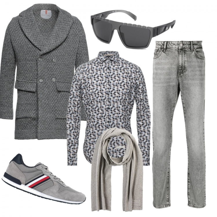 Outfit uomo - Il cappotto lavorato a maglia. Stile Trendy per Tutti i giorni. Abbinamento con jeans, cappotti, camicie, sneakers, occhiali da sole, sciarpe.