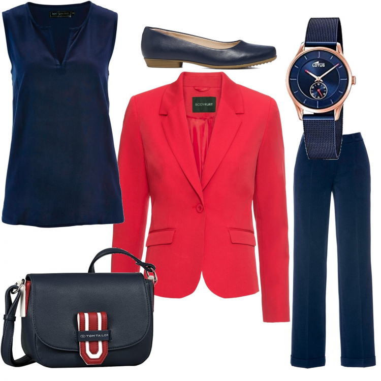 Outfit donna - Elenza in rosso. Stile Bon Ton Abbinamento con pantaloni, blazer, top, ballerine, borse a tracolla, orologi.