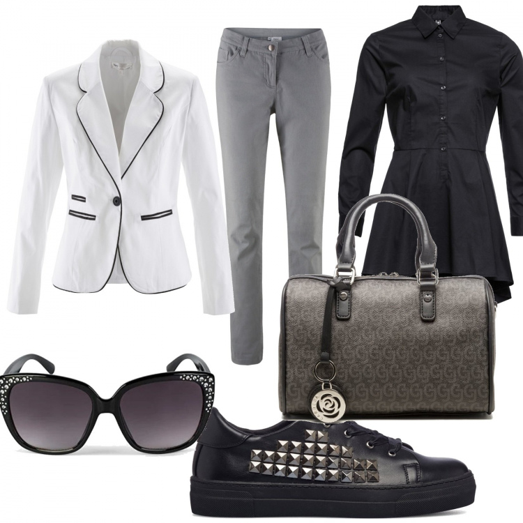 Outfit donna - Bauletto grigio. Stile Casual chic Abbinamento con camicie, blazer, pantaloni, sneakers, borse a mano, occhiali da sole.
