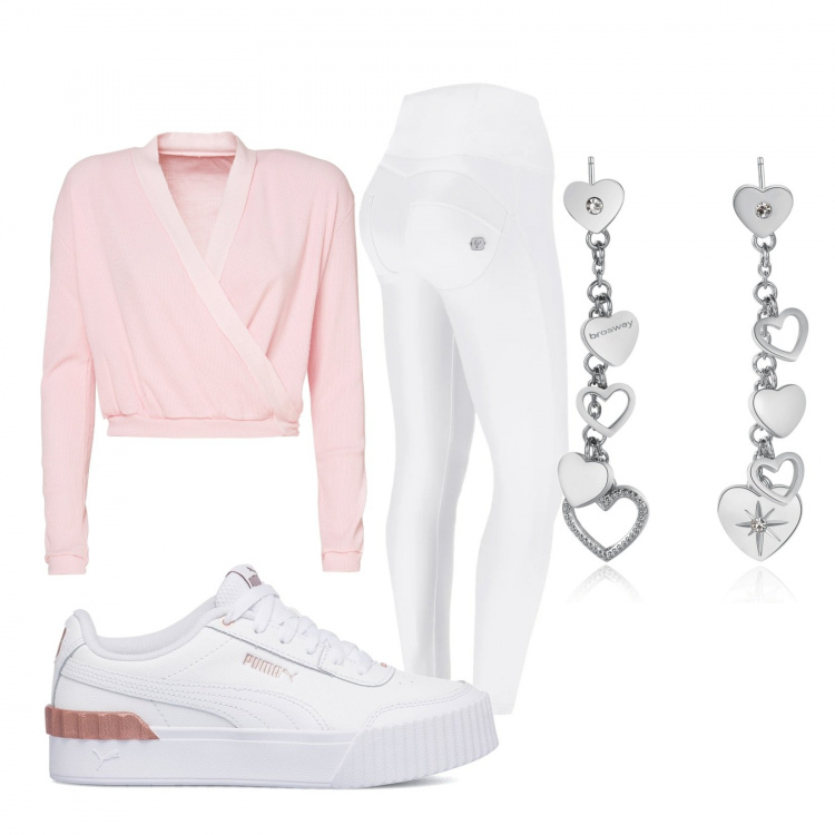 Outfit donna - Profumo di primavera. Stile Sporty chic per Tutti i giorni. Abbinamento con orecchini, top, pantaloni skinny, sneakers.