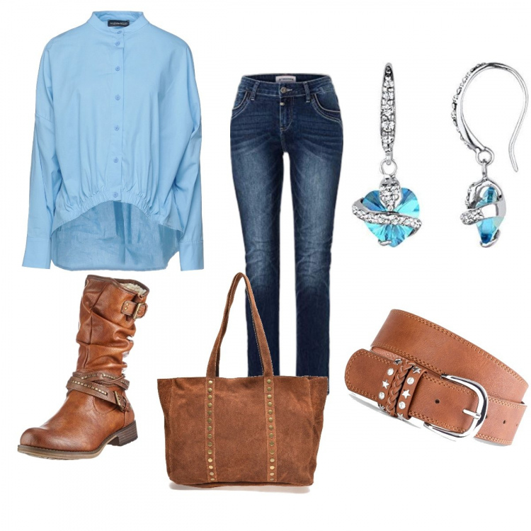 Outfit donna - Total look #1299556. Abbinamento con cinture, camicie, borse a mano, stivali, jeans slim fit, orecchini.
