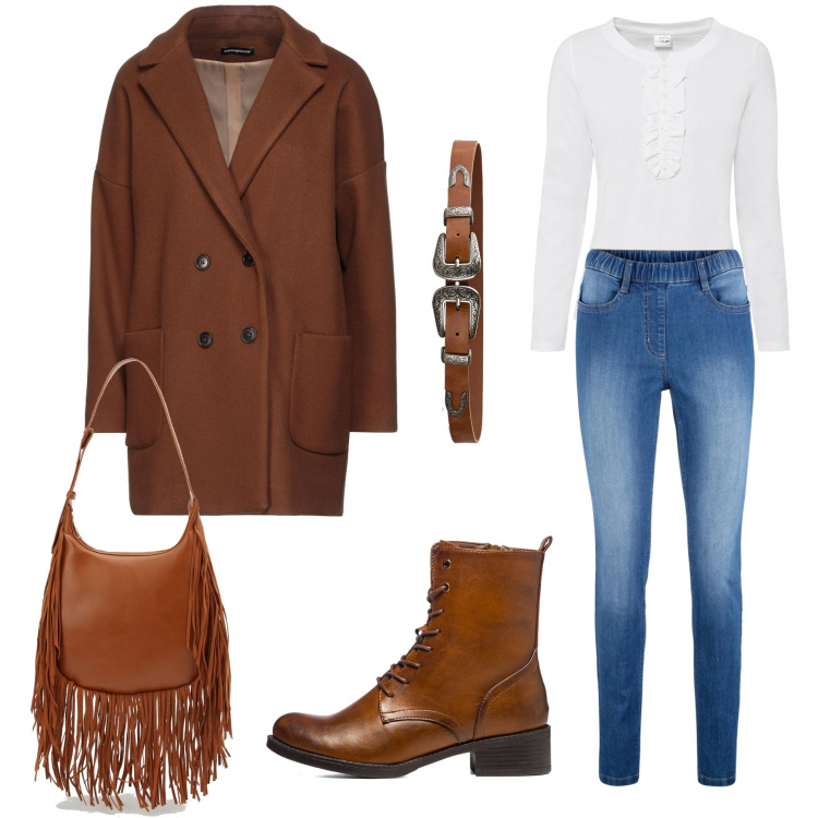 Outfit donna - Total look #1299561. Stile Urban per Tutti i giorni. Abbinamento con jeggings, maglieria, cinture, cappotti, borse a spalla, anfibi.