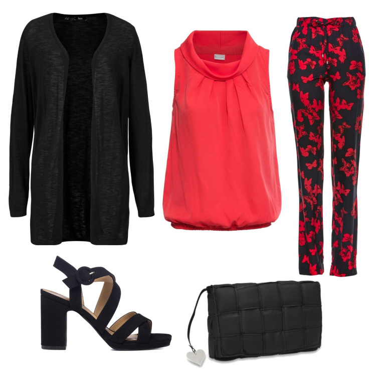 Outfit donna - Rosso primavera. Stile Casual chic per Serata fuori. Abbinamento con cardigans, pantaloni a palazzo, top, sandali col tacco, borse a mano.