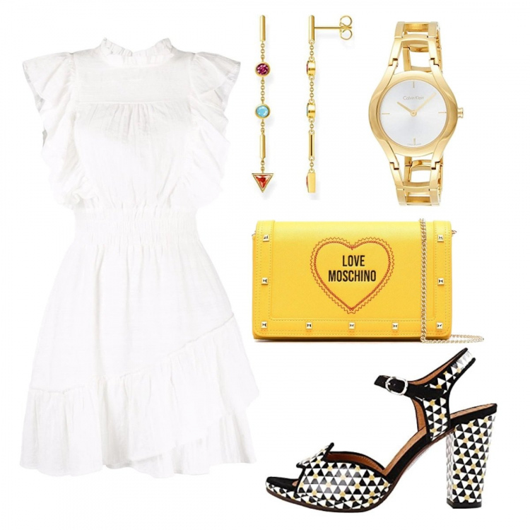 Outfit donna - Prima cena a due. Stile Chic per Serata fuori. Abbinamento con vestiti corti, clutch, sandali in pelle, orologi analogici, orecchini.