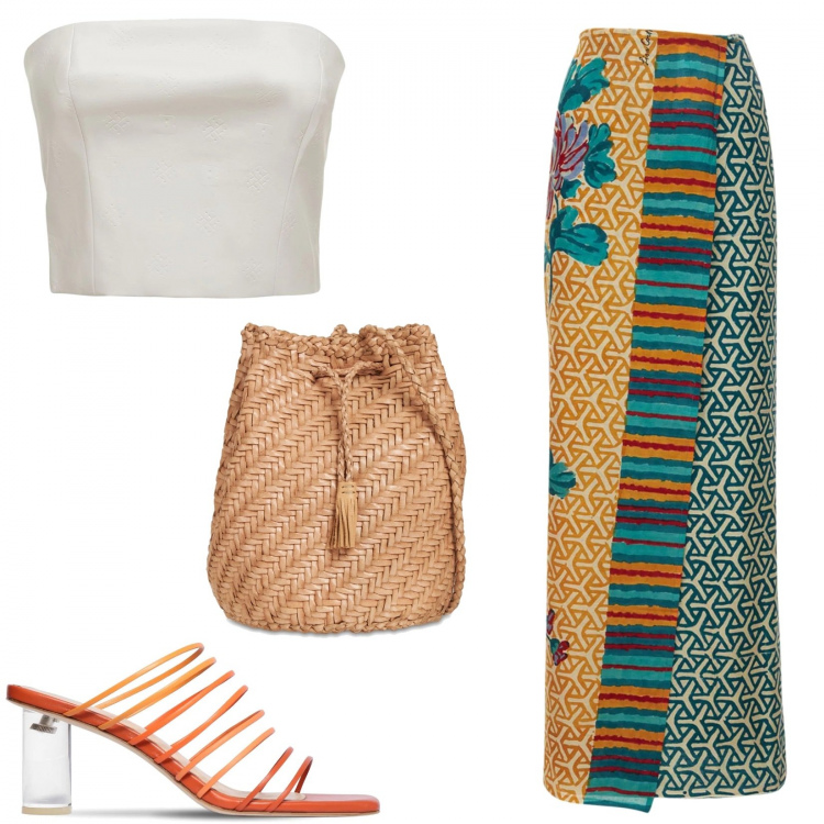 Outfit donna - Gonna a fantasia. Stile Boho per Serata fuori. Abbinamento con gonne, sandali in pelle, borse a spalla, top.
