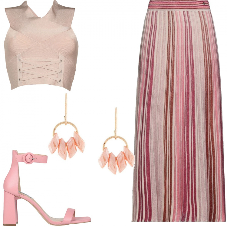 Outfit donna - Gonna a righe. Stile Trendy per Serata fuori. Abbinamento con sandali col tacco, gonne lunghe, top, orecchini.
