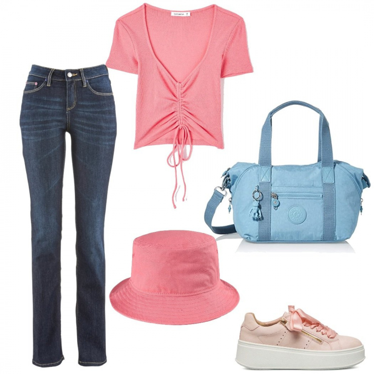 Outfit donna - Casual #5913. Stile Casual per Tutti i giorni. Abbinamento con jeans dritti, cappelli con visiera, t-shirt, sneakers, borse a tracolla.