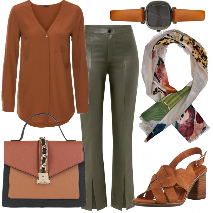 Outfit donna - Autunno d\'estate. Stile Casual chic per Ufficio. Abbinamento con camicie, pantaloni, borse a mano, sandali col tacco, sciarpe, orologi.