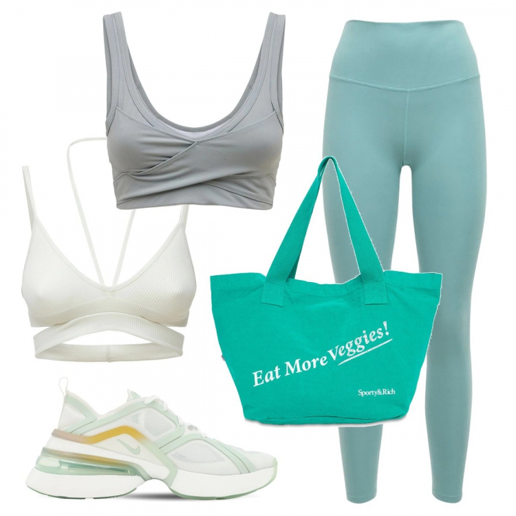 Outfit donna - Yoga all\'aperto. Stile Urban per Sport. Abbinamento con sneakers, leggings, shopping bag, reggiseni, top.