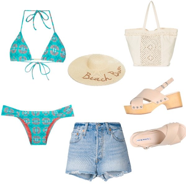 Outfit donna - Happy sunday in Venice Beach. Stile Urban per Mare. Abbinamento con sandali, sabot, mules e ciabattine trendy, borsa bianco, shorts vita alta blu, top, cappello con scritte in paglia.