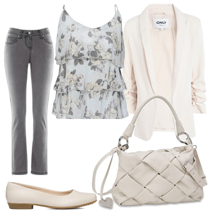 Outfit donna - Jeans e ballerine. Stile Casual chic per Ufficio. Abbinamento con jeans slim fit, blazer, top, ballerine, borse a mano.