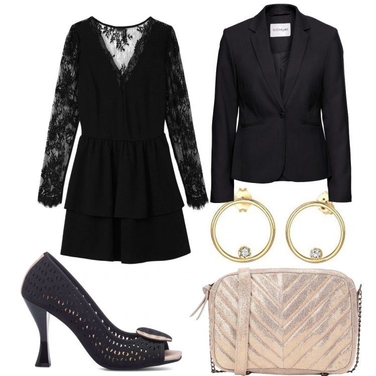 Outfit donna - Pizzo glamour. Stile Glamour per Serata fuori. Abbinamento con blazer, borse a tracolla, vestiti corti, décolleté, orecchini.