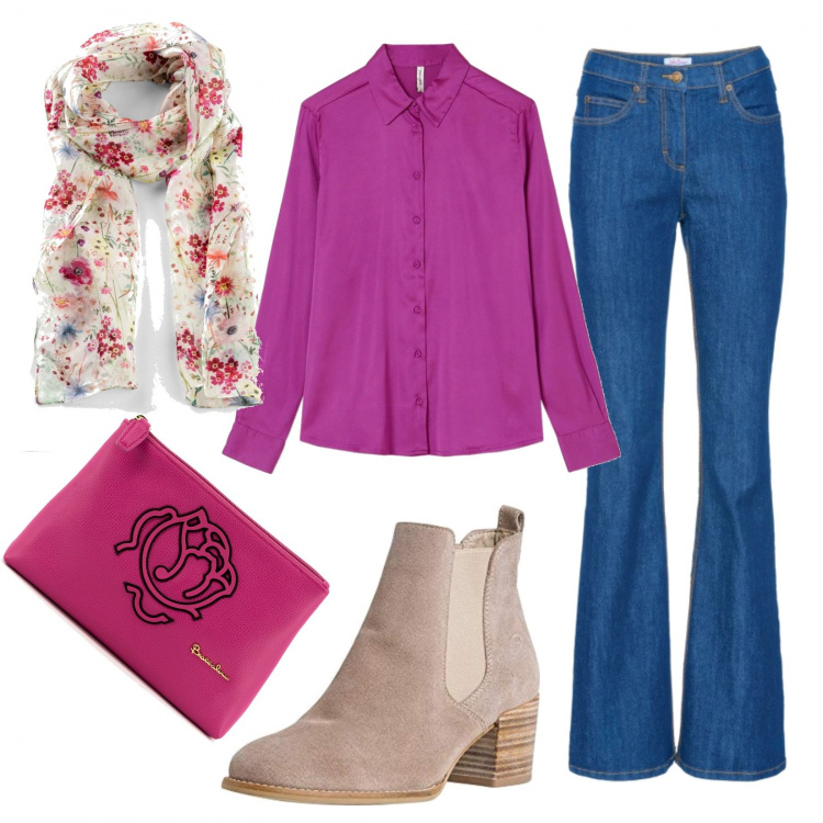 Outfit donna - Colori a primavera. Stile Casual chic per Tutti i giorni. Abbinamento con jeans bootcut, foulard, pochette, camicie, stivaletti.