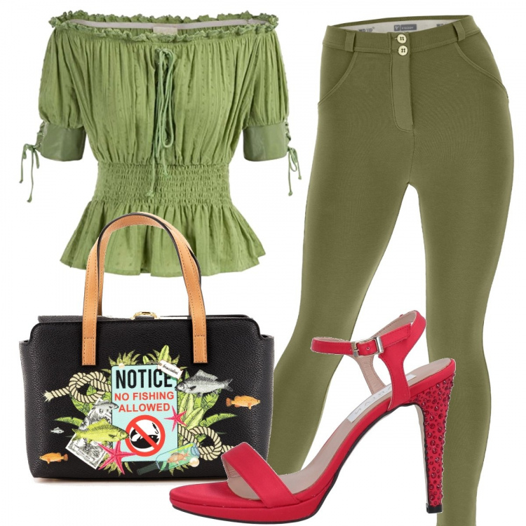 Outfit donna - Total look #1300684. Stile Glamour per Tutti i giorni. Abbinamento con sandali in pelle, borse a mano, pantaloni skinny, top.