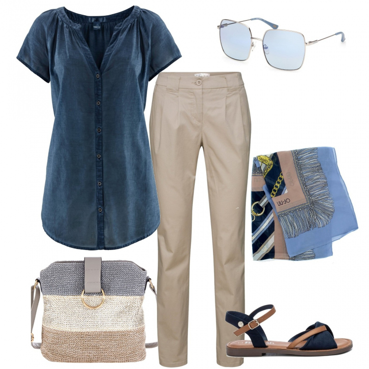 Outfit donna - Primavera comoda. Stile Casual per Tutti i giorni. Abbinamento con camicie a manica corta, pantaloni chino, borse a tracolla, sandali in pelle, occhiali da sole, sciarpe.