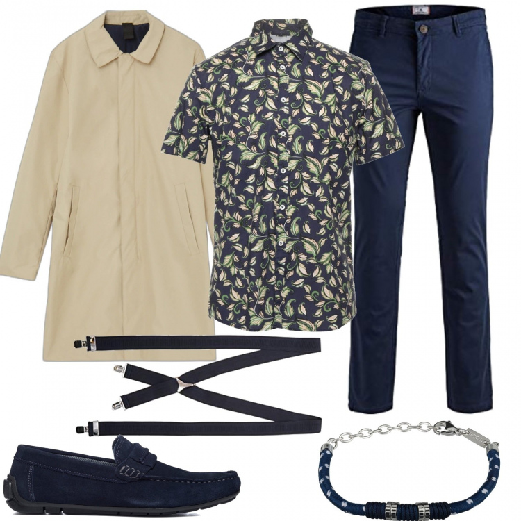 Outfit uomo - Urban #2666. Stile Urban per Tutti i giorni. Abbinamento con trench, scarpe stringate, braccialetti, camicie a manica corta, pantaloni chino, bretelle.