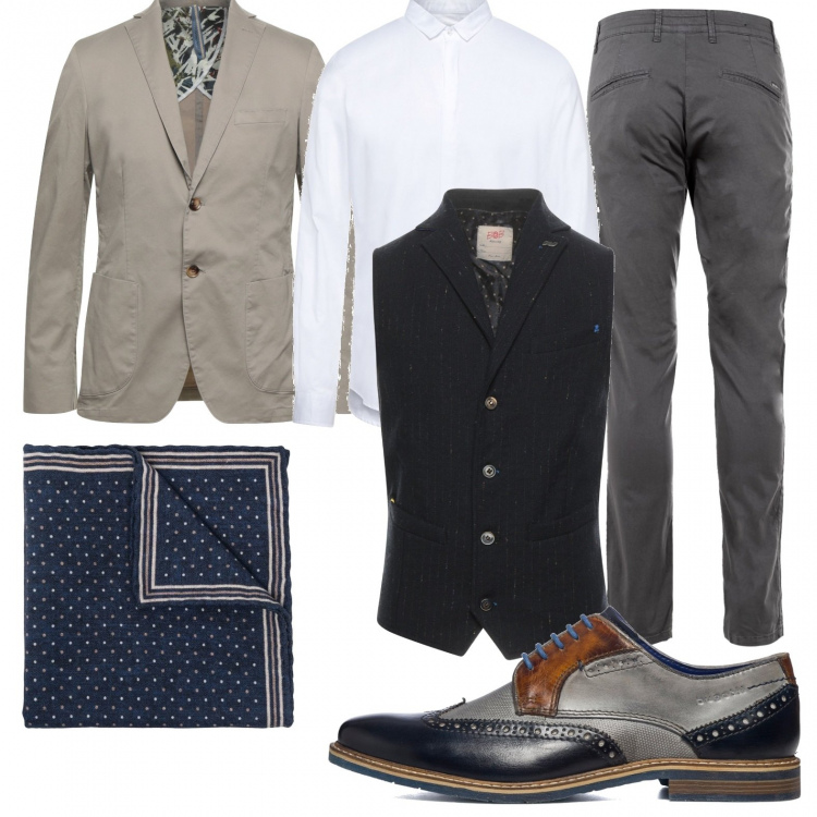 Outfit uomo - Business/Elegante #1206. Stile Business/Elegante per Cerimonia. Abbinamento con pantaloni, cravatte, scarpe stringate, giacche, gilet, camicie.