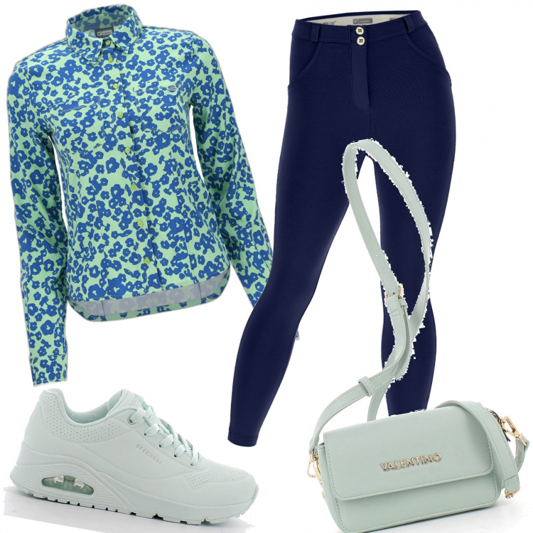 Outfit donna - 1631. Casual primavera. Stile Urban per Tutti i giorni. Abbinamento con pantaloni skinny, camicie, sneakers, borse a tracolla.