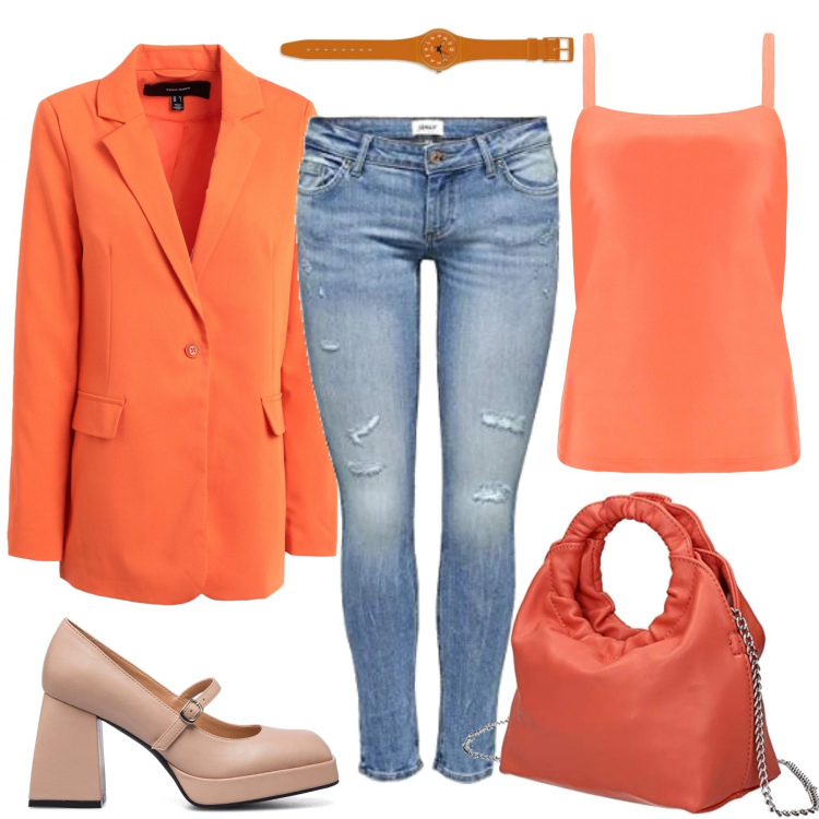 Outfit donna - Vitamina C. Stile Casual chic per Tutti i giorni. Abbinamento con blazer, canottiere, décolleté, pochette, jeans skinny, orologi.