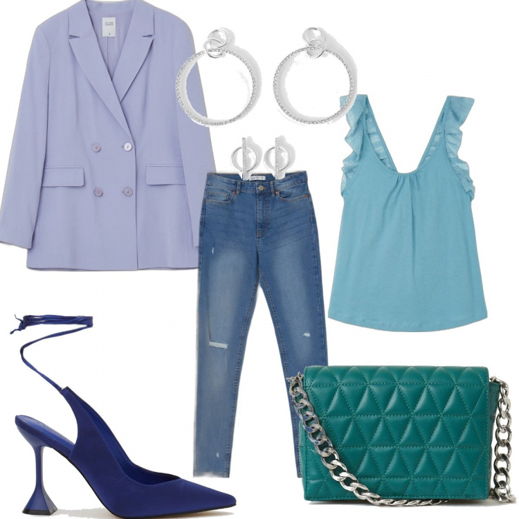 Outfit donna - Total Calliope. Stile Casual per Tutti i giorni. Abbinamento con top, borse a spalla, décolleté, giacche, jeans skinny, orecchini.